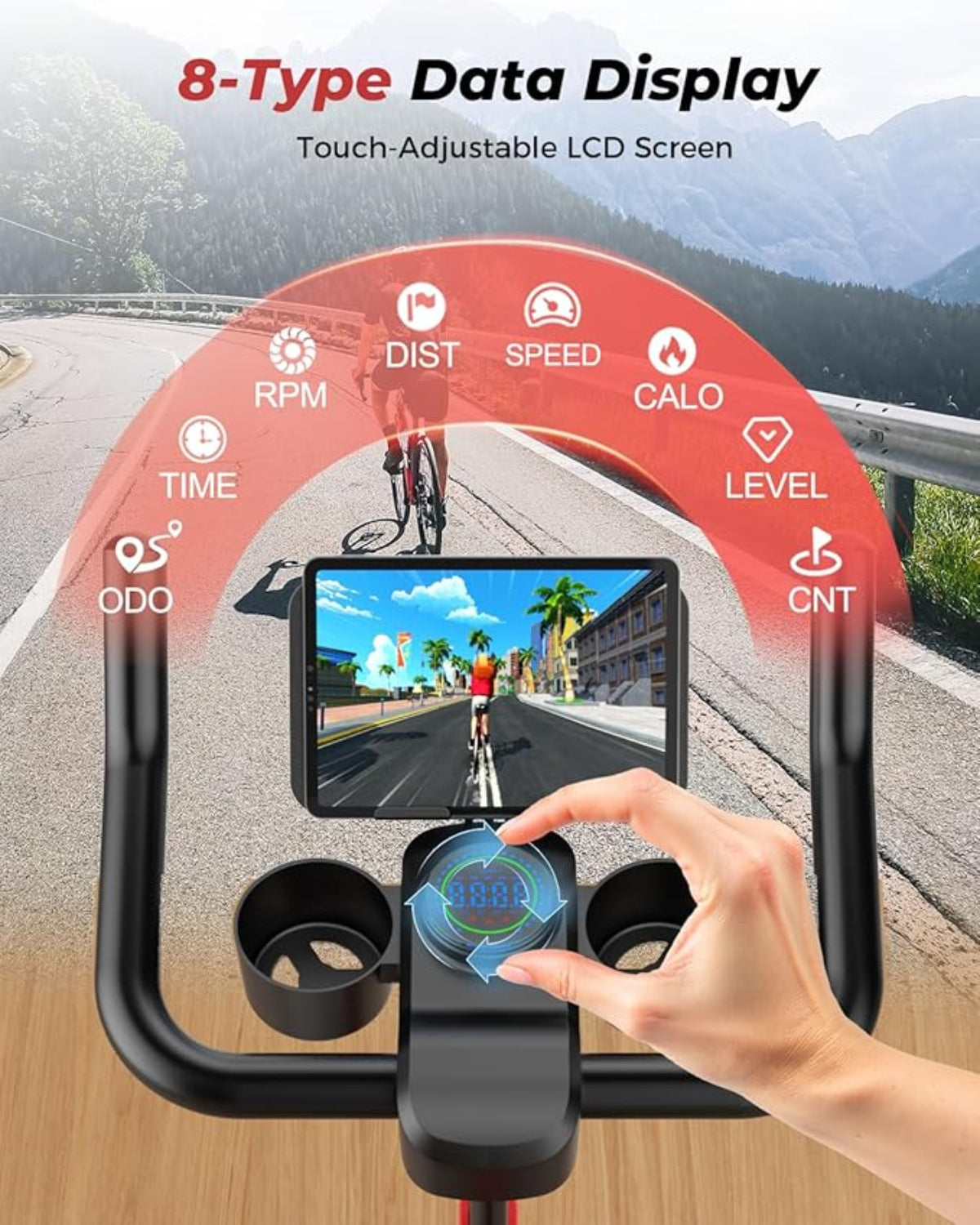 Bike computer with touch-adjustable LCD screen displaying various cycling metrics on a road background.