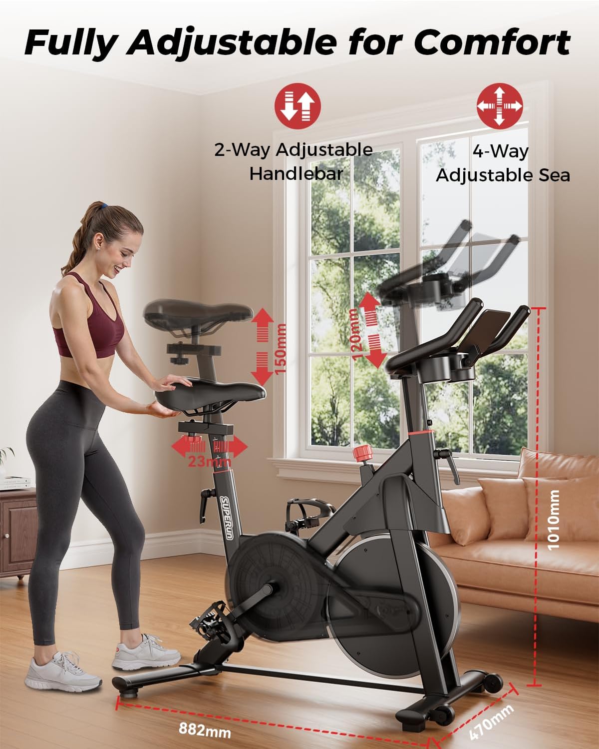 Woman adjusting a stationary bike in a living room with measurements highlighted.