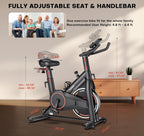 Exercise bike with adjustable seat and handlebar, family photo inset, and measurement details.