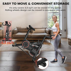 Woman using a stationary bike in a living room with text about storage and convenience.