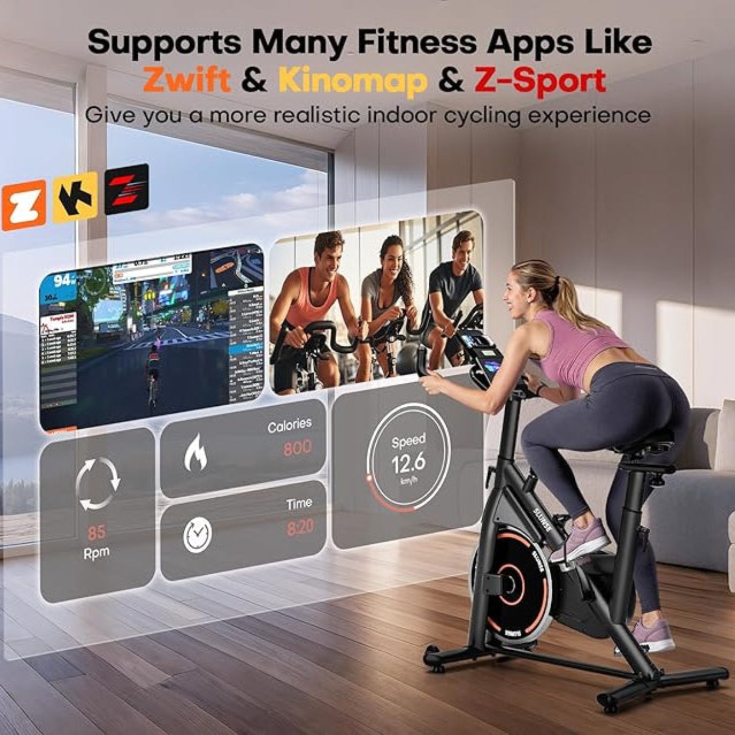 Woman using a stationary bike with fitness app interfaces overlaid on a modern living room background.