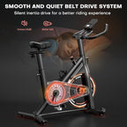 Incline bike with smooth and quiet belt drive system feature on a dark background