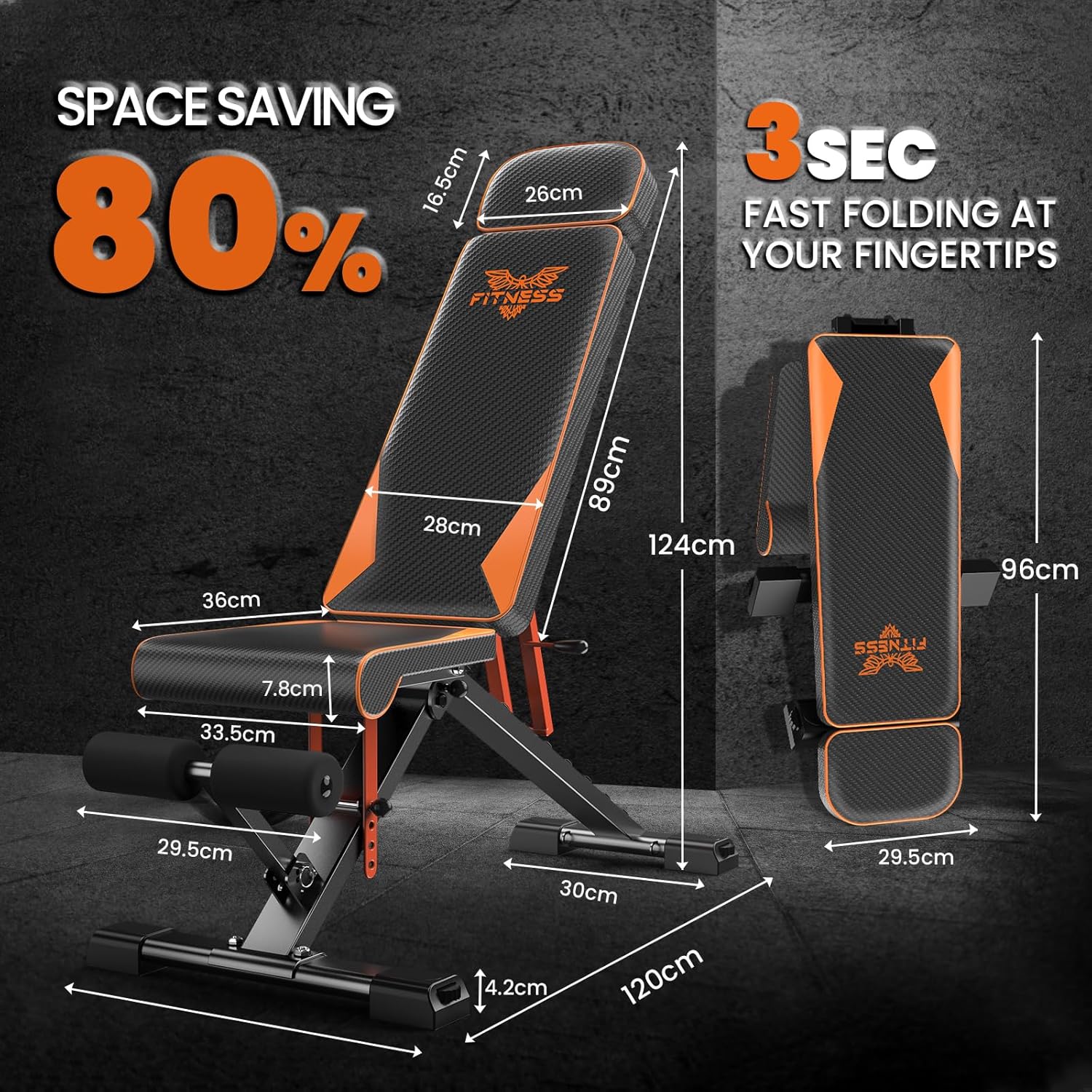 Space-saving adjustable gym bench with dimensions and folding feature details on a dark background
