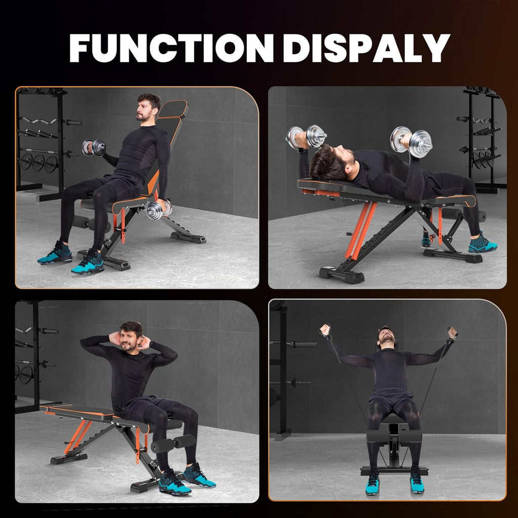 Person using a adjustable weight bench in various exercises with 'FUNCTION DISPALY' text above.
